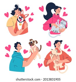 People man woman owners hugging their dog cat pets. Vector flat graphic design illustration