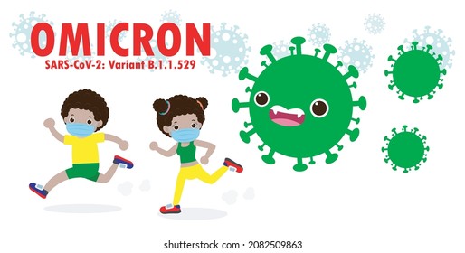 people man and woman in panic running away from particles of Omicron 21 Covid variant B.1.1.529. Coronavirus spreading on south africa isolated on white background vector illustration