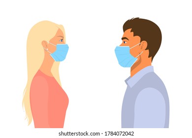 People, Man, Woman in the Respiratory Medical Masks Look at Each Other. Distance, Quarantine, Coronavirus Concept. COVID-2019. Relationship, Communication, Love, Friendship, Delivery. Flat Vector