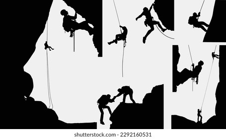 People man woman rock climbing vector silhouette of indoor outdoor free climbers collection