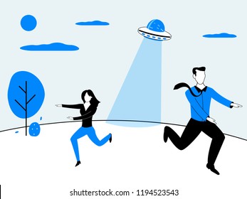People, a man and a woman, run away from an alien UFO flying saucer. Vector illustration in blue, black and white colors.