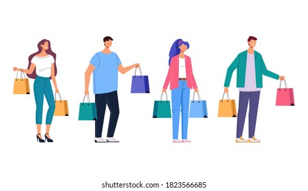 People man woman with shopping bag isolated set. Vector flat graphic design cartoon illustration