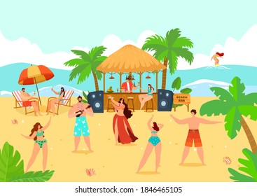 People man woman at summer beach party, vector illustration. Travel holiday at bar, happy female male character dance with cocktail. Palm, ocean, sea, flat sand at hot leisure design.