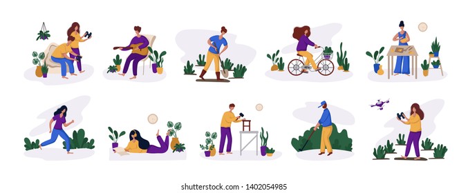 People - man and woman and their hobby or daily activity, free time concept - music, gardening, game plaing, run, golf. Set of cute characters, flat style, vector set 