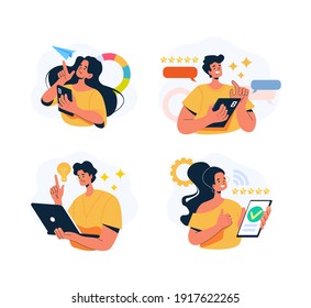 People man woman users characters using phone and laptop. Wireless business internet online technology concept. Vector flat graphic design illustration set