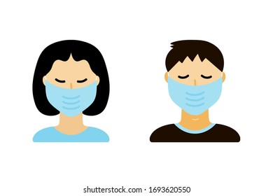 People, man and woman, wearing medical face masks protecting themselves from virus, coronavirus, airborne diseases.
