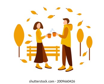 People man and women standing outside in the park and drinking hot tea next to branch. Autumn yellow leaves flying around. Flat vector illustration.