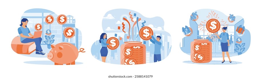 People manage finances. Saves money in a piggy bank. Keeps money in a glass jar. Saving Money concept. Set flat vector illustration.