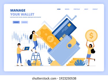 La gente maneja sus billeteras planificando gastos, deuda bancaria, invirtiendo, comprando, alfabetizando financieramente. Se puede usar para la plantilla de la página de inicio ui ux aplicación móvil afiche de anuncios de volante del sitio web