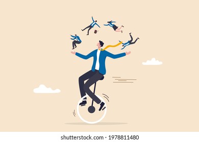 People management or HR, human resources, diversity or inclusive, career and recruitment concept, smart skillful businessman manager riding unicycle balance juggling team members diversify people.