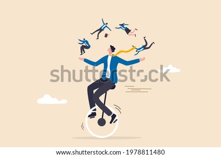 People management or HR, human resources, diversity or inclusive, career and recruitment concept, smart skillful businessman manager riding unicycle balance juggling team members diversify people.