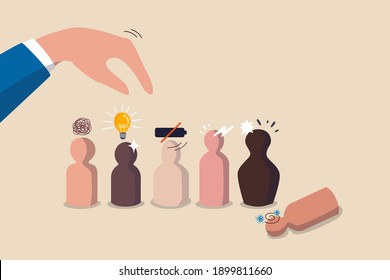 People management, human resources take care of talent, employee and colleagues in company concept, manager hand managing wooden doll with emotional, exhausted, skillful, sick leave or conflicted.