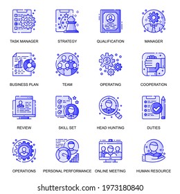 People Management web flat line icons set. Pack outline pictogram of cooperation, business strategy, head hunting, management concept. Vector illustration of symbols for website mobile app design