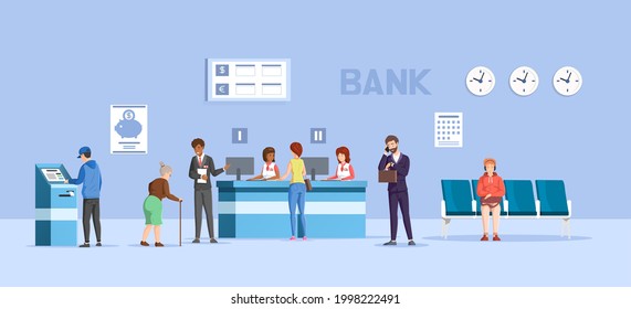 People Managers, Clients At Bank Office Room. Employees Working With Customers At Financial Consulting Center, Queue Of Customers To Bank Employees Room Reception. Young And Elderly Visited Banking
