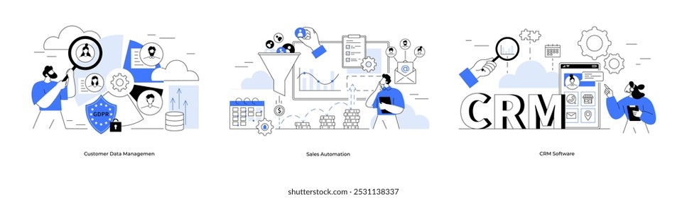 Pessoas gerenciando dados de clientes, automatizando tarefas de vendas e usando software de CRM. Ideal para marketing, soluções de negócios, gerenciamento de dados, processos de vendas e ferramentas digitais. Metáfora azul simples