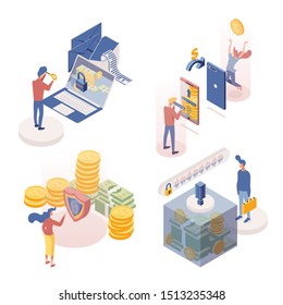 People managing deposits isometric characters set. Money transactions 3d vector illustrations collection. Secure payments, remittance, account protection, voice identification, confidential access