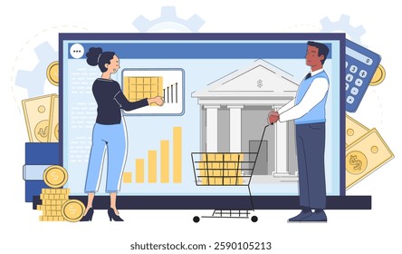 People managing finances online with bar chart, bank building, and shopping cart on a digital screen. Flat style on white background. Concept of digital banking. Vector illustration