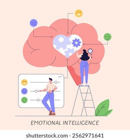 People managing and improving emotional intelligence. Self control feeling, balance of emotions and brain. Concept of personal soft skills, mental health, self regulation. Vector illustration