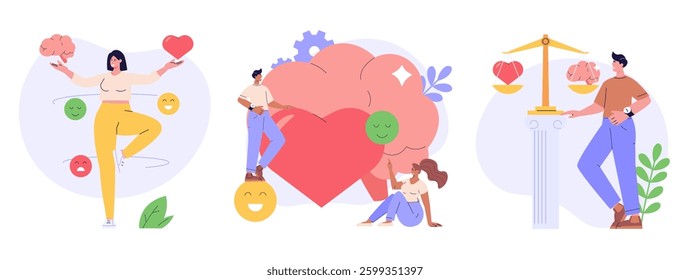 People managing and improving emotional intelligence. Self control feeling, balance of emotions and brain. Collection of personal soft skills, mental health, self regulation. Vector illustration set