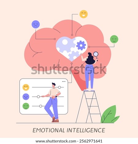 People managing and improving emotional intelligence. Self control feeling, balance of emotions and brain. Concept of personal soft skills, mental health, self regulation. Vector illustration