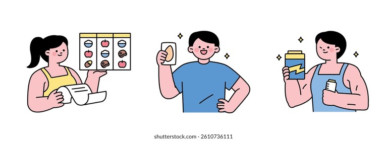 People managing nutrition with meal plans, protein bars, and dietary supplements in a healthy lifestyle.