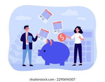 People managing personal finance vector illustration. Happy couple putting coins in piggy bank, analyzing financial reports and invoices. Finance management, money savings, banking, economy concept