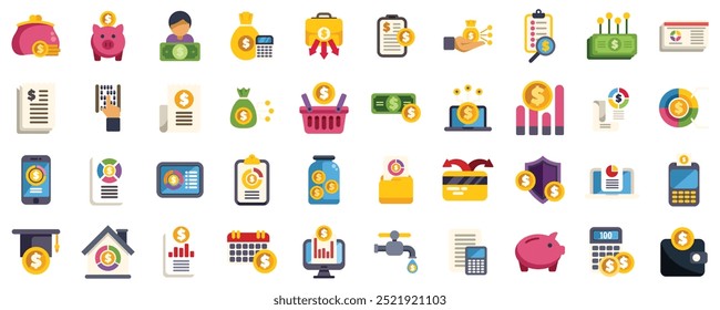 People managing personal finances, making budget planning, using online banking and financial analytics flat vector illustration set