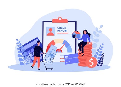 People managing personal finances vector illustration. Happy woman holding house while man pushing cart with money to credit card, credit report in background. Finance, deposit growth concept