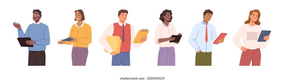 People managing process, isolated managers or business workers with notebooks checking and controlling. Directors or employees. Vector in flat cartoon style