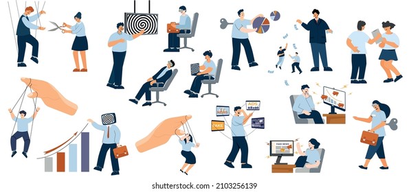 People manipulation business set with flat isolated icons of office clerks puppets employees working like zombies vector illustration