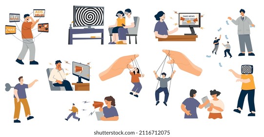 Manipulation von Menschen mit flachen isolierten konzeptionellen Symbolen und menschlichen Charakteren, die an psychischer Gewalt leiden Vektorgrafik