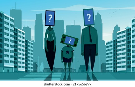 People manipulation urban background with family members having smartphones instead of head cartoon vector illustration