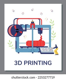 Personas que fabrican prototipo de objeto en impresora 3D, plantilla de afiches, ilustración vectorial plana. Pequeños caracteres creando objetos tridimensionales con tecnología aditiva.