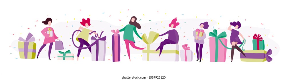 People with many giftboxes. Flat illustration - celebration a holiday. Cartoon vector banner isolated on white background.