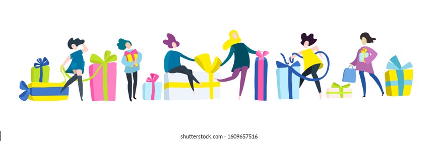 People with many giftboxes. Flat illustration - celebration a holiday. Cartoon vector banner isolated on white background.