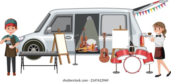 People and many musical instruments on sale illustration