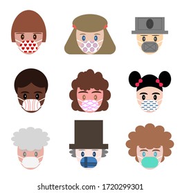People of many nationalities wear various patterns face masks to protect themselves and others from dangerous germs and horrible viruses, Far from Covid-19 flat style vector cartoon concept.