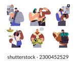 People with maps in hands set. Tourists, explorers looking for route, direction, searching location in travel, trip, adventure. Flat graphic vector illustrations isolated on white background