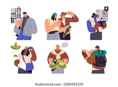 People with maps in hands set. Tourists, explorers looking for route, direction, searching location in travel, trip, adventure. Flat graphic vector illustrations isolated on white background