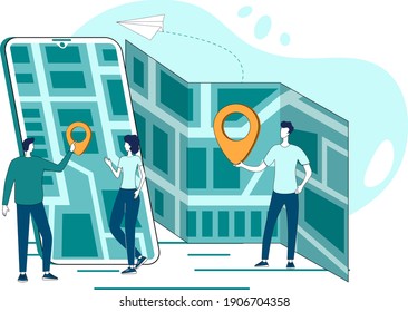 People, maps, navigation, and smartphone.The concept of GPS navigation.Search for the desired location.navigation, travel, and finding convenient paths.Flat vector illustration.