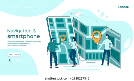 Personas, mapas, navegación y smartphone.El concepto de navegación por GPS.Buscar la ubicación deseada.navegación, viajes y búsqueda de rutas convenientes.La plantilla de la página de inicio.