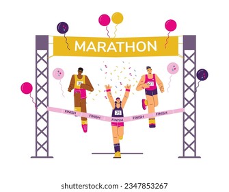 Los corredores de maratón cruzan la línea de meta. Concepto del campeonato de la maratón multinacional. Hombres y mujeres trotando. Personajes de dibujos animados deportivos y de fitness. Ilustración plana vectorial sobre blanco.