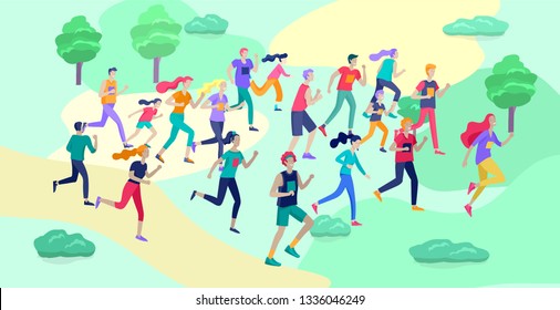People Marathon Running Sport race sprint, concept illustration running men and women wearing sportswer in landscape. Jogging at Training. Healthy Active Speed Exercise. Cartoon Vector Illustration