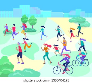People Marathon Running Sport race sprint, concept illustration running men and women wearing sportswer in landscape. Jogging at Training. Healthy Active Speed Exercise. Cartoon Vector Illustration