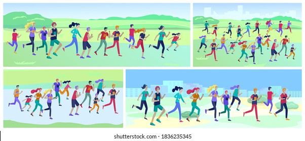 People Marathon Running Sport race sprint, concept illustration running men and women wearing sportswer in landscape. Jogging at Training. Healthy Active Speed Exercise. Cartoon Vector Illustration