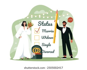 People with marital status. Man in suit and woman in white dress carrying document with wedding status. Happy bride and groom, husband and wife. Love and romance. Flat vector illustration