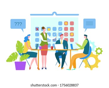 Personas marcadas en fechas importantes del calendario, ilustración vectorial. Reunión de trabajo en equipo de negocios, evento de planificación y programa a gran escala. Mujer trabajadora sentada en la mesa cerca del calendario.