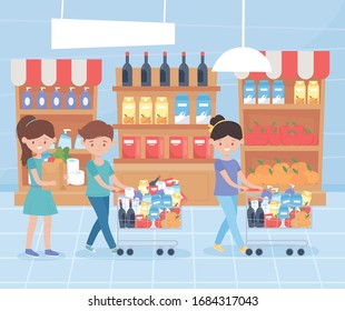 people in market with filled carts and bag food hoarding excess purchase vector illustration