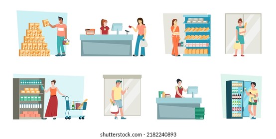 people in market. male and female persons buying grocery food daily routine purchase in supermarket. Vector cartoon pictures collection