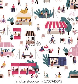 People at market seamless pattern vector flat illustration. Crowd of man and woman walk, buy, eat fast food and rest at local fair on white background. Marketplace between stalls or kiosks